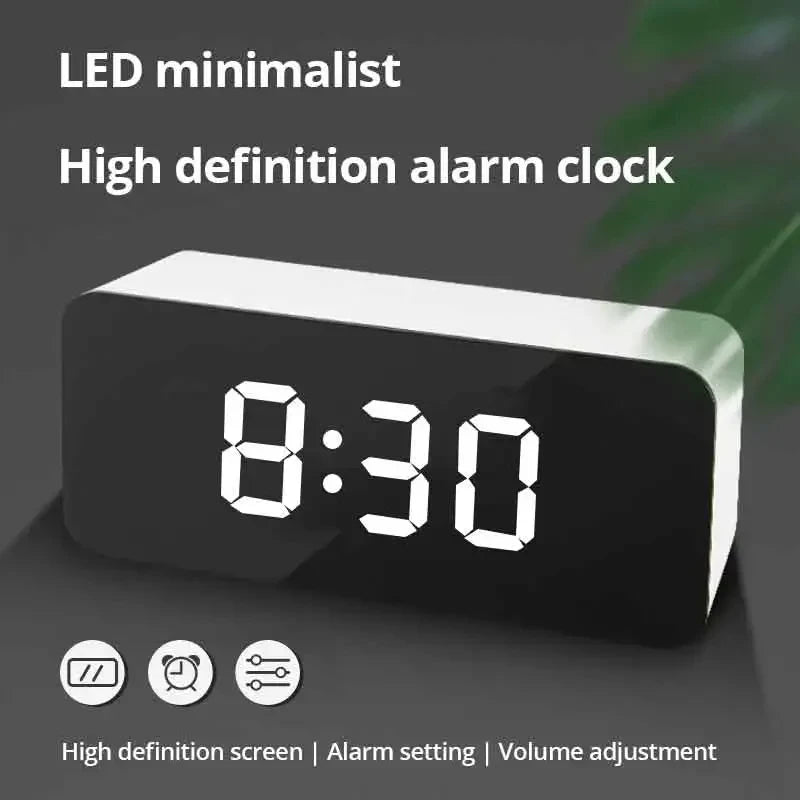 White LED Mirror Table Clock Snooze Display Time