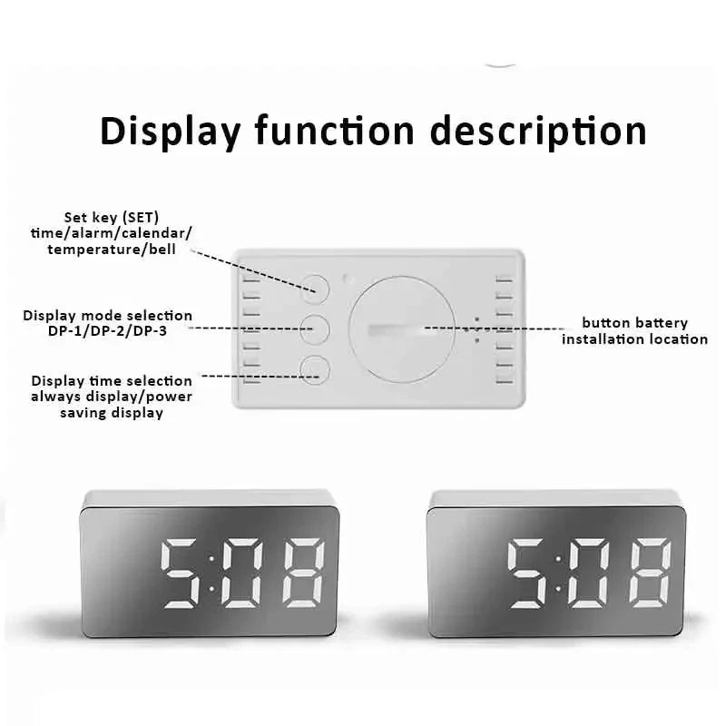 White LED Mirror Table Clock Snooze Display Time